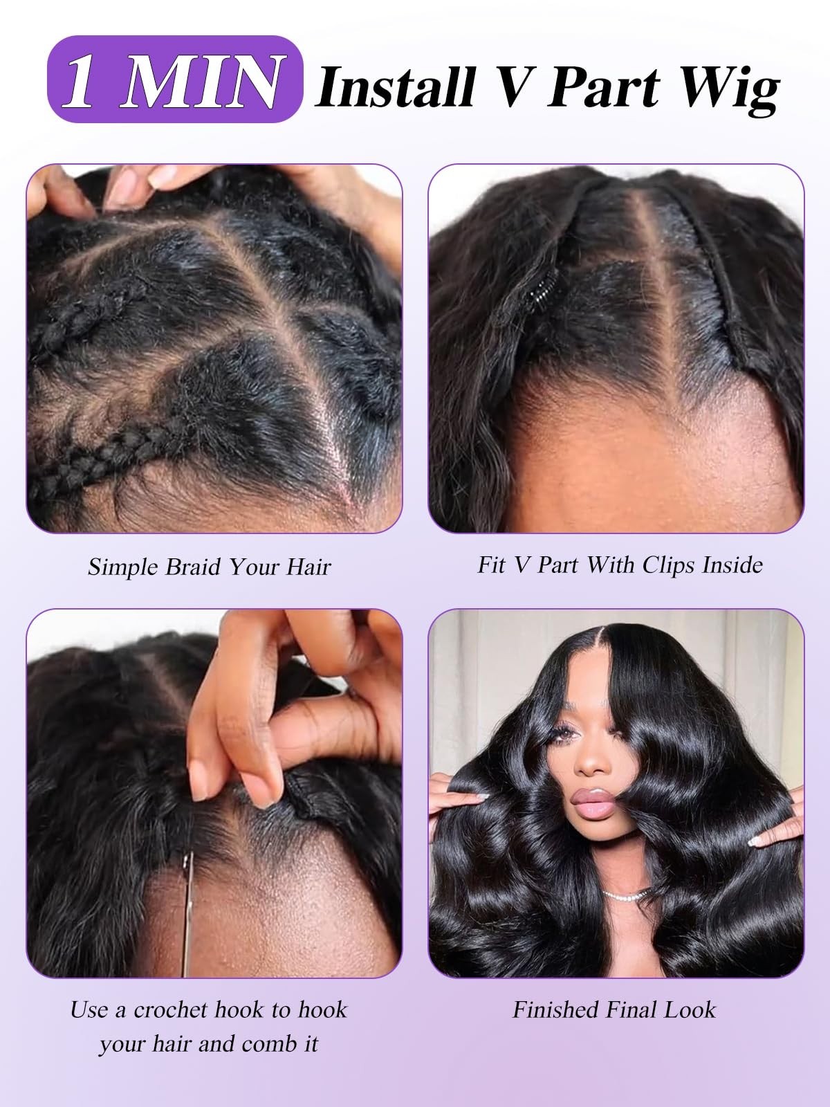 200% Density V Part Wig Human Hair Body Wave Clip-In Half Wig 18 Inch No Glue