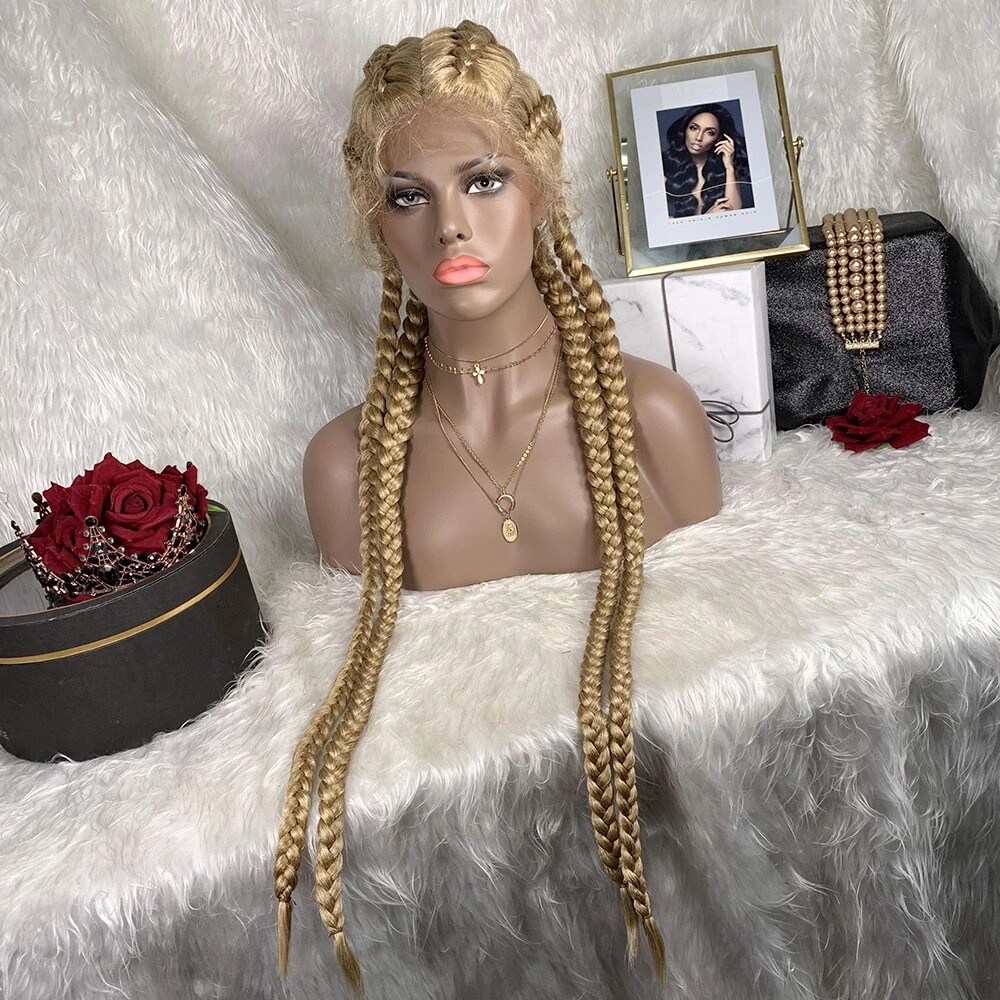 Long Braid Fiber Lace Front Wigs Cornrow Big Braiding 4 Braids Wigs Natural Hair