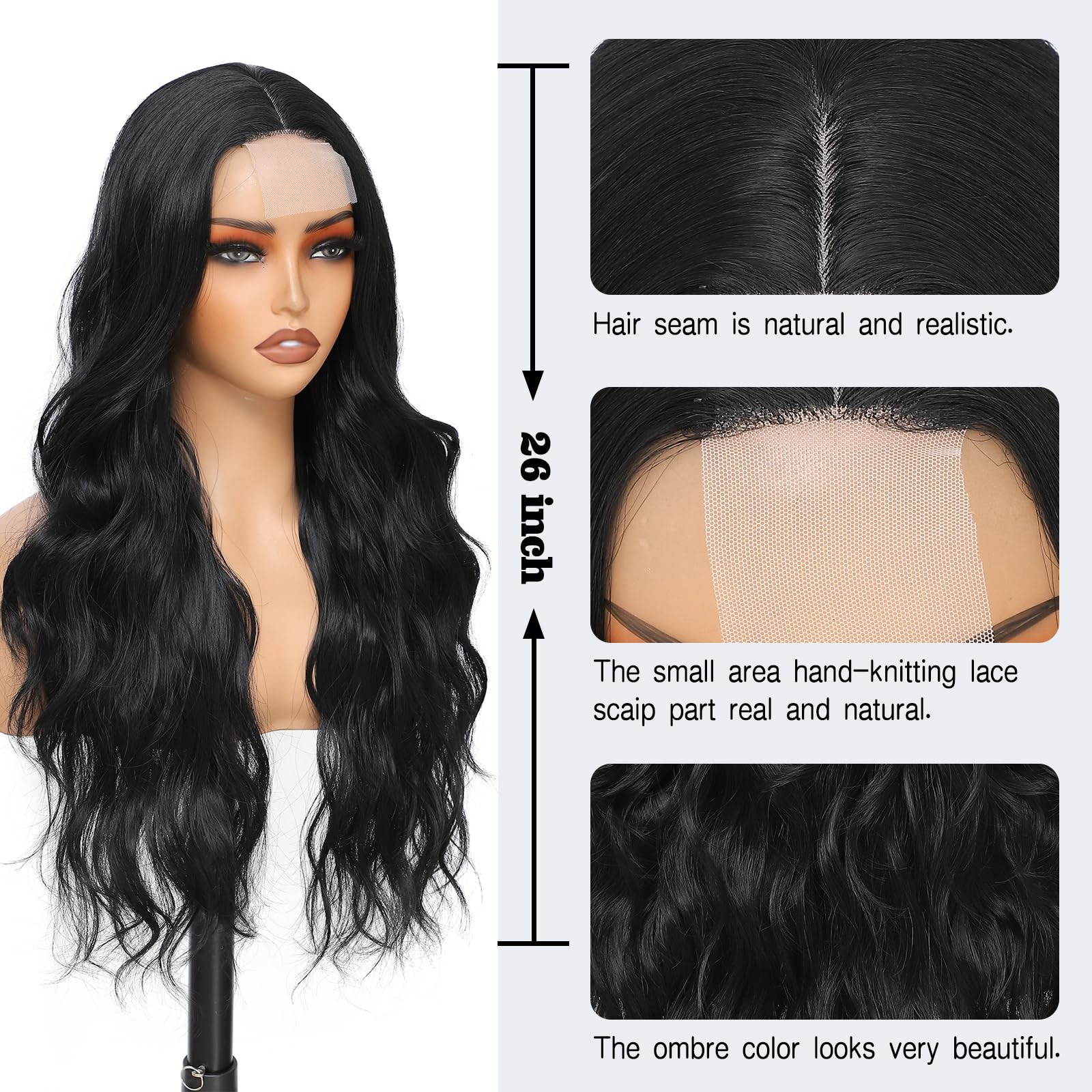 Black Wigs for Women Middle Part Long Wavy Wig 26 Inch Lace Hairline Natural …