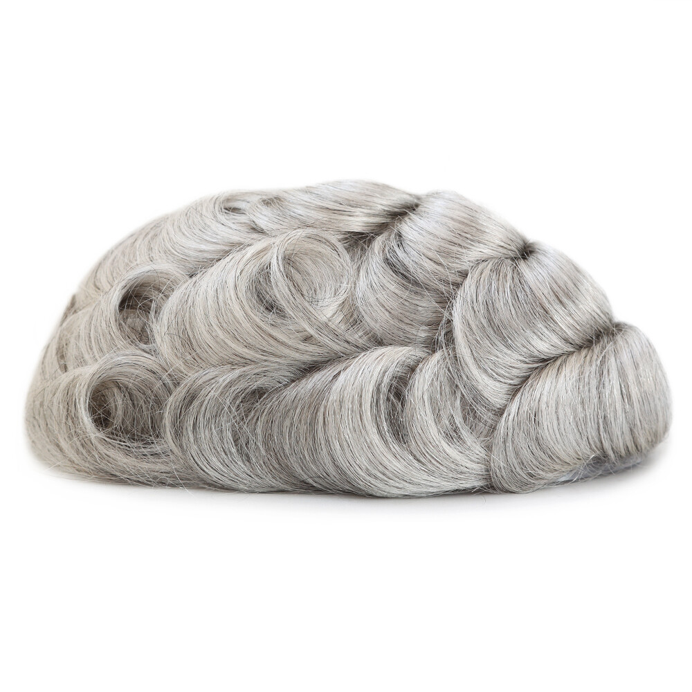 Toupee For Mens Human Hair Super Thin Skin Replacement System Hairpiece Grey BIO