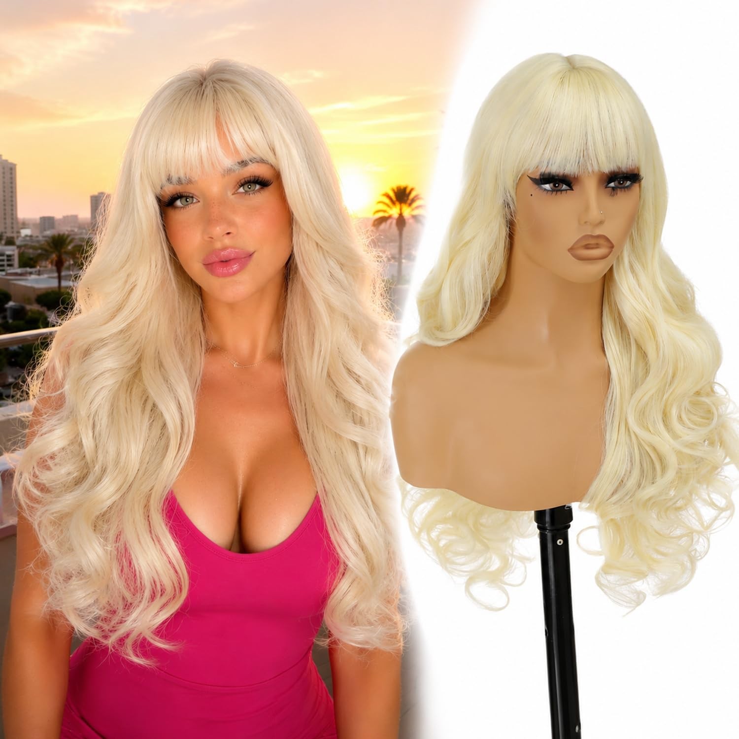 Long Body Wave Blonde Wig With Bangs – 26 Inch Long Wavy Blonde Wig with Bang…