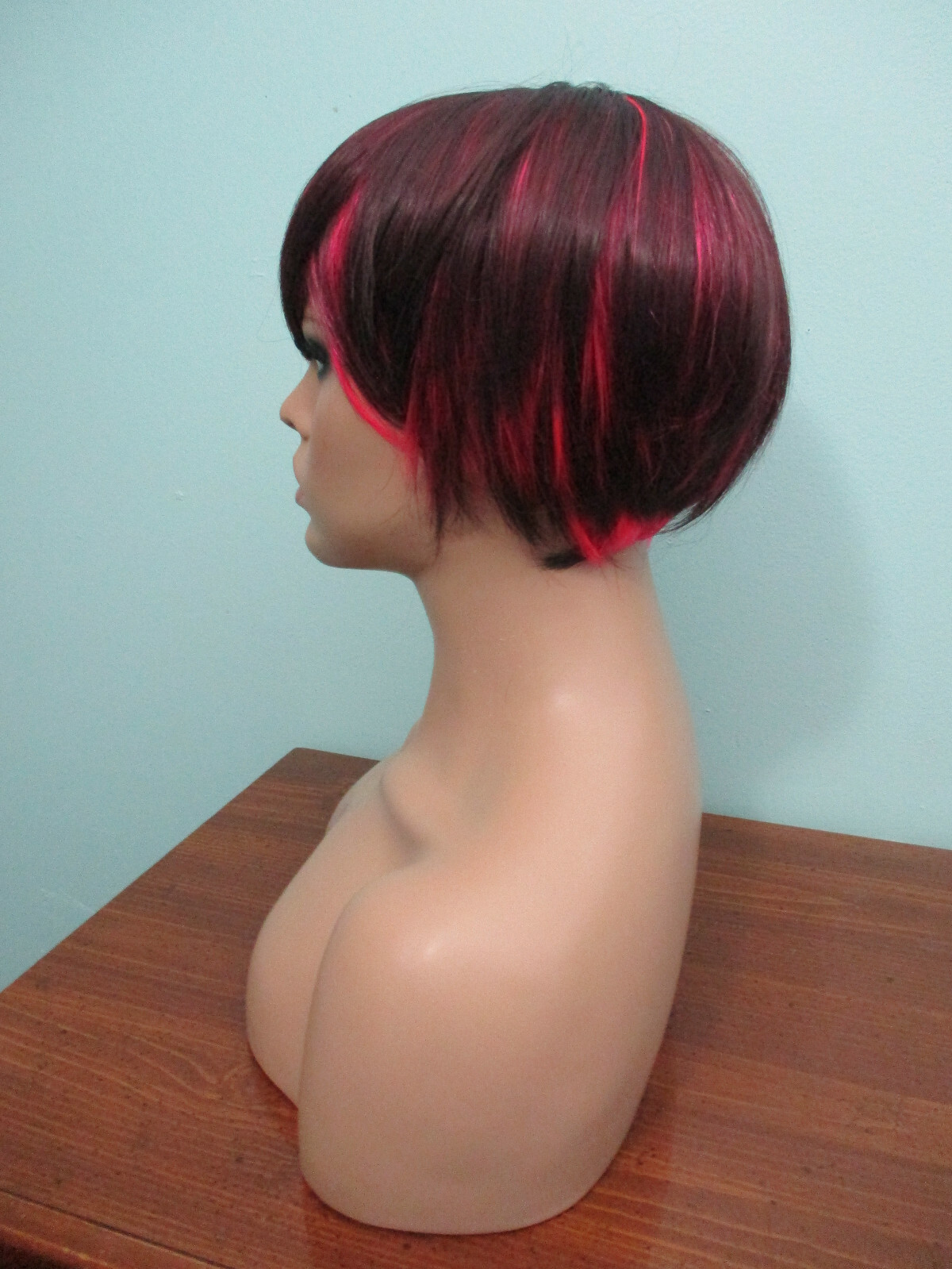 4″ hot pink and black short PIXIE cut swept bangs WIG