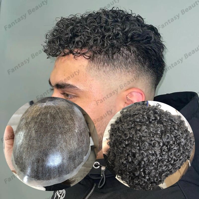Durable Thin Skin Full Pu Base Men Toupee Black 15mm Afo Kinky Curly Male Wigs