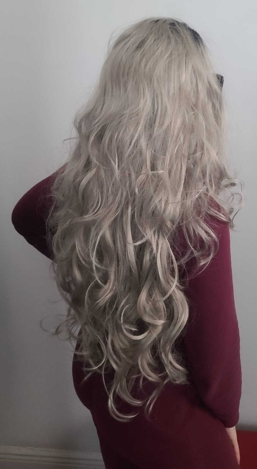 30″ Platinum Blonde Lace Front Wig Long Wavy Curly Silver Blonde No Glue