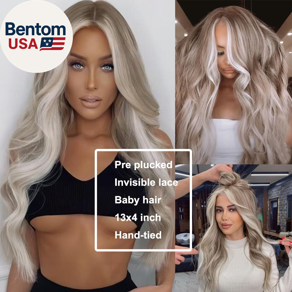 Beige Brown Ombre Platinum Blonde Long Wavy Synthetic Lace Front Wig Pre Plucked