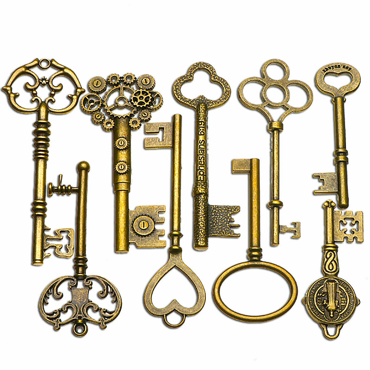 9Pcs Large Antique Vintage Old Brass Skeleton Keys Lot Cabinet Lock Necklace USA