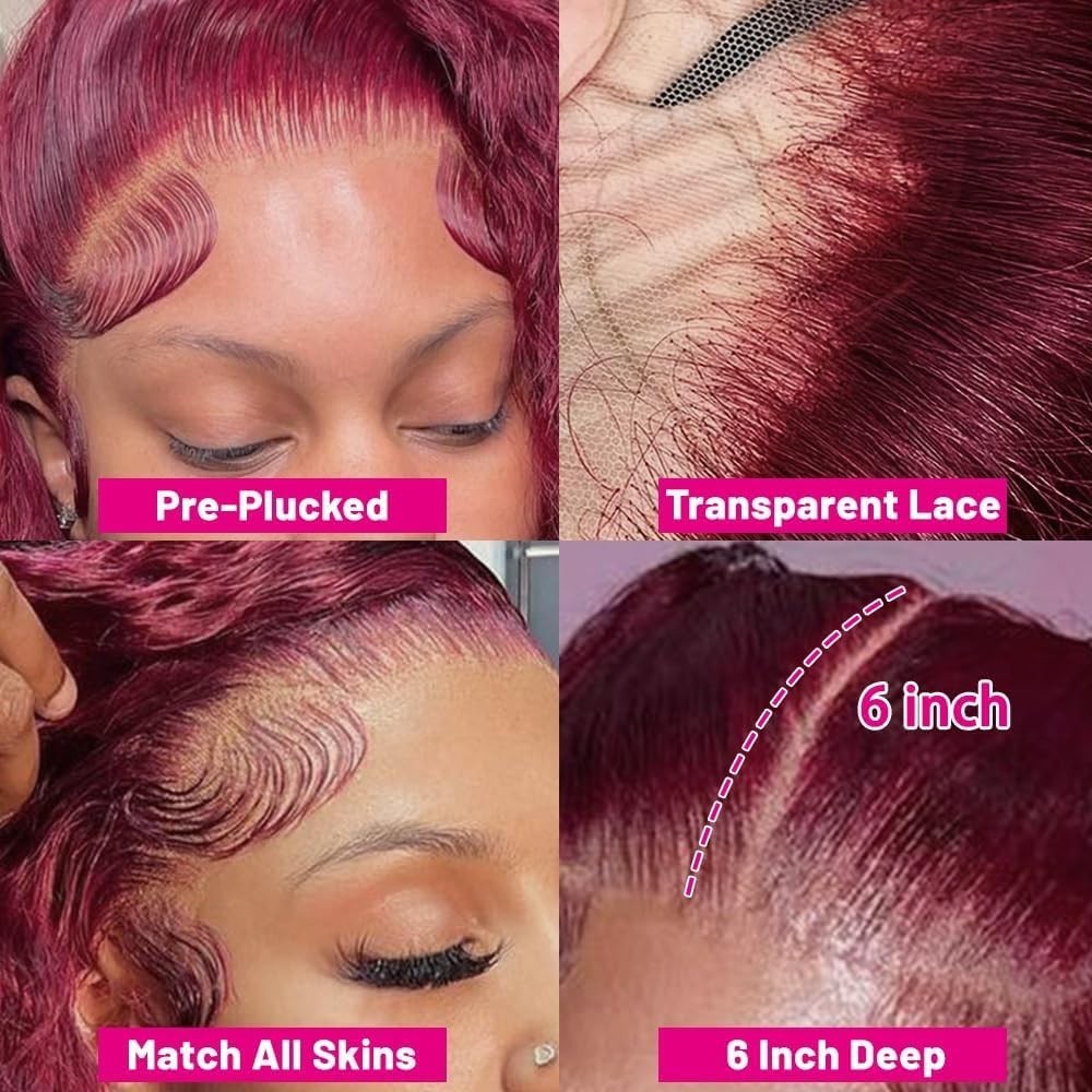 30″ 250 Density Burgundy Lace Front Wig – HD Transparent Deep Wave Human Hair