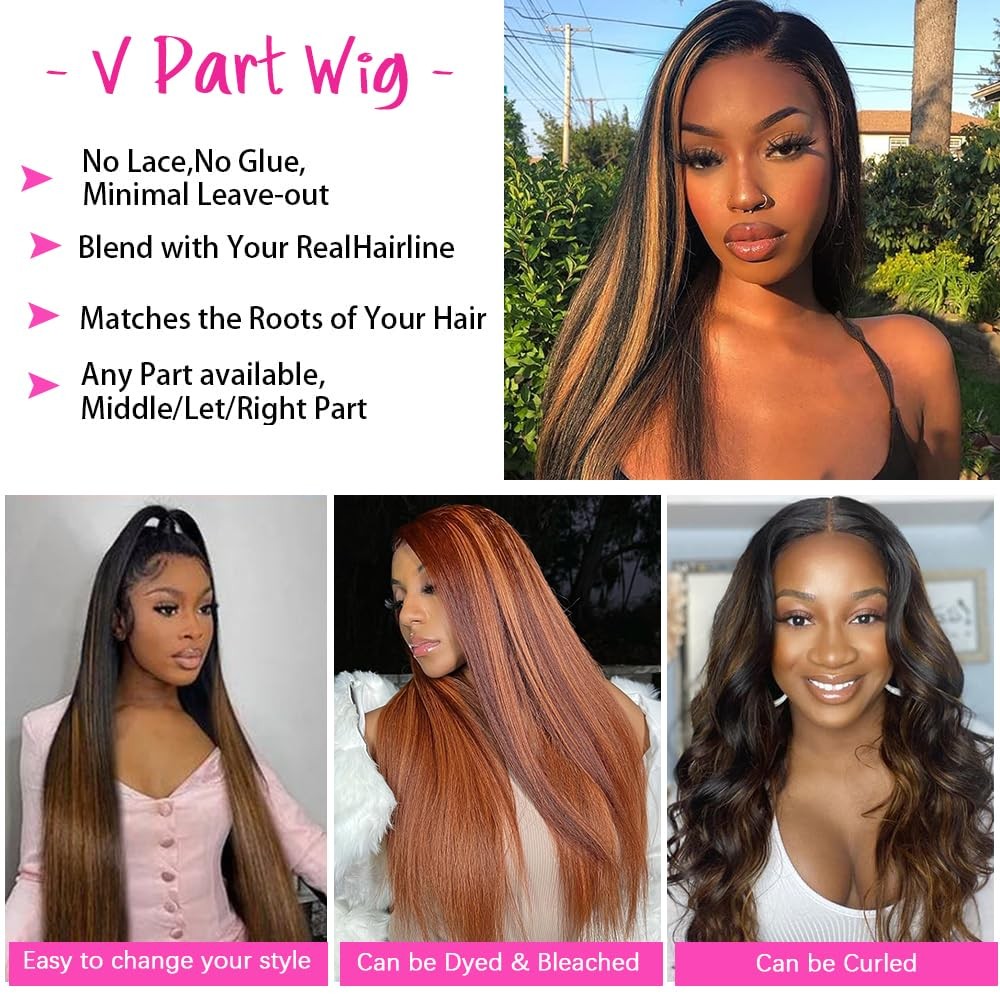 Pobokix Highlight Ombre V Part Wigs Human Hair Straight Brazilian 14″ FB30