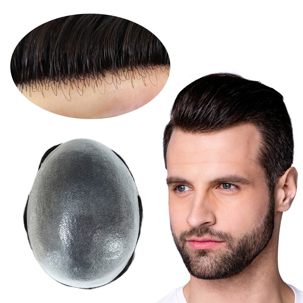 Mens Toupee Hair Replacement Hairpiece V-Loop Super Thin Skin Human Hair Systems