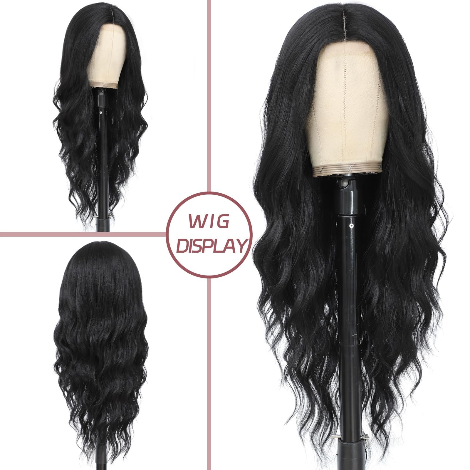 Black Wig for Women 26 Inch Long Black Wavy Wig Middle Part Black Hair Wigs H…