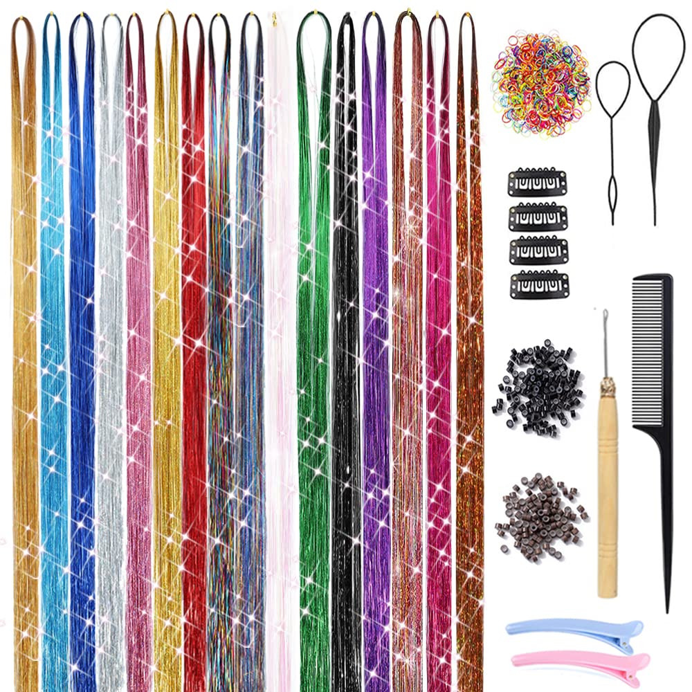 Hair Tinsel 16 Colors 3200 Strands Glitter Tinsel Hair Extensions Kit with Tools