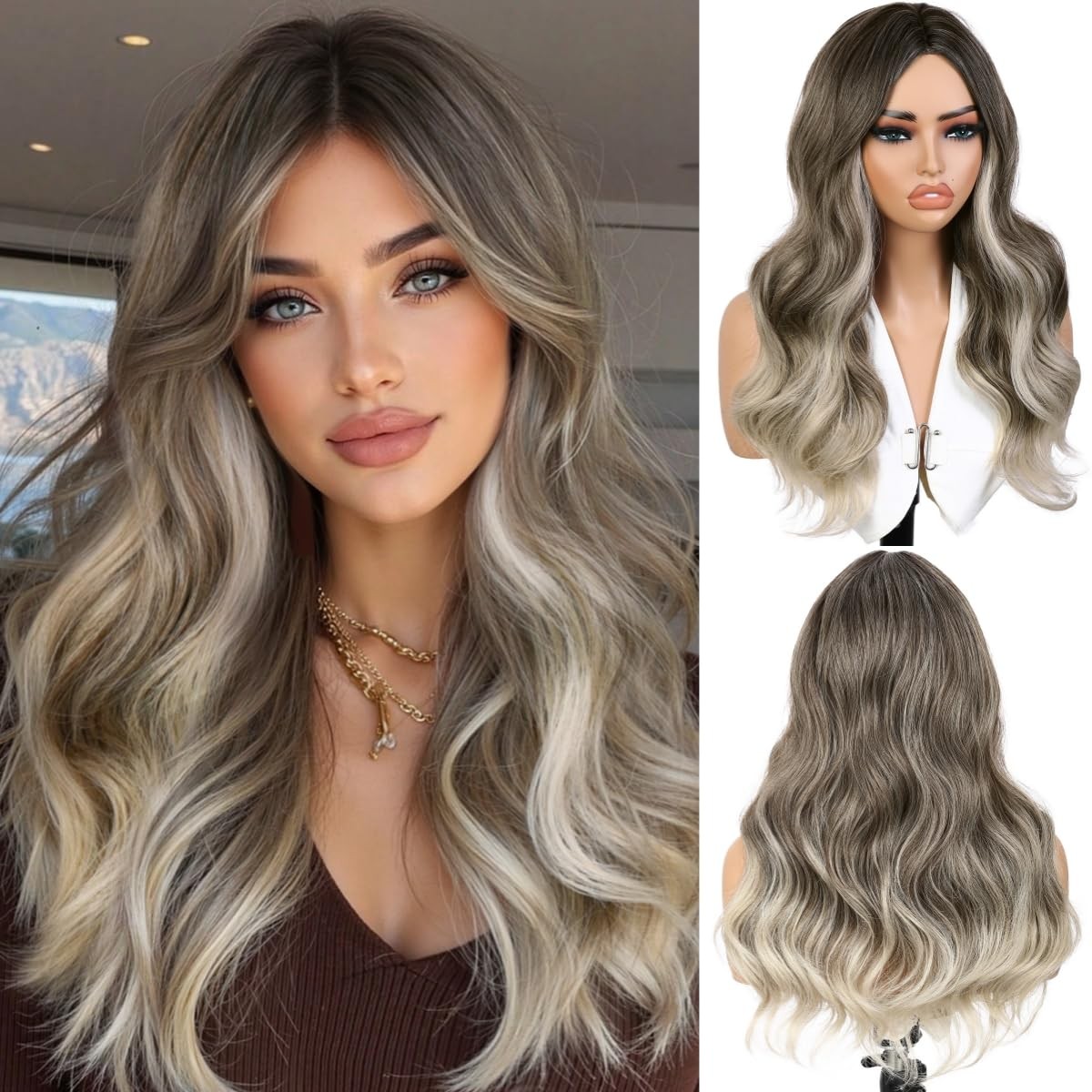 Ombre Blonde Wavy Wigs for Women Middle Part Culy Wavy Wig Long Blonde Hair W…