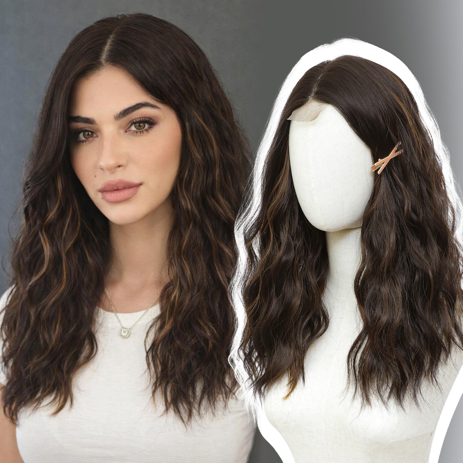 Wig 18 Inch Medium Length Wigs for Women Middle Part Synthetic Hair Wavy Wig …