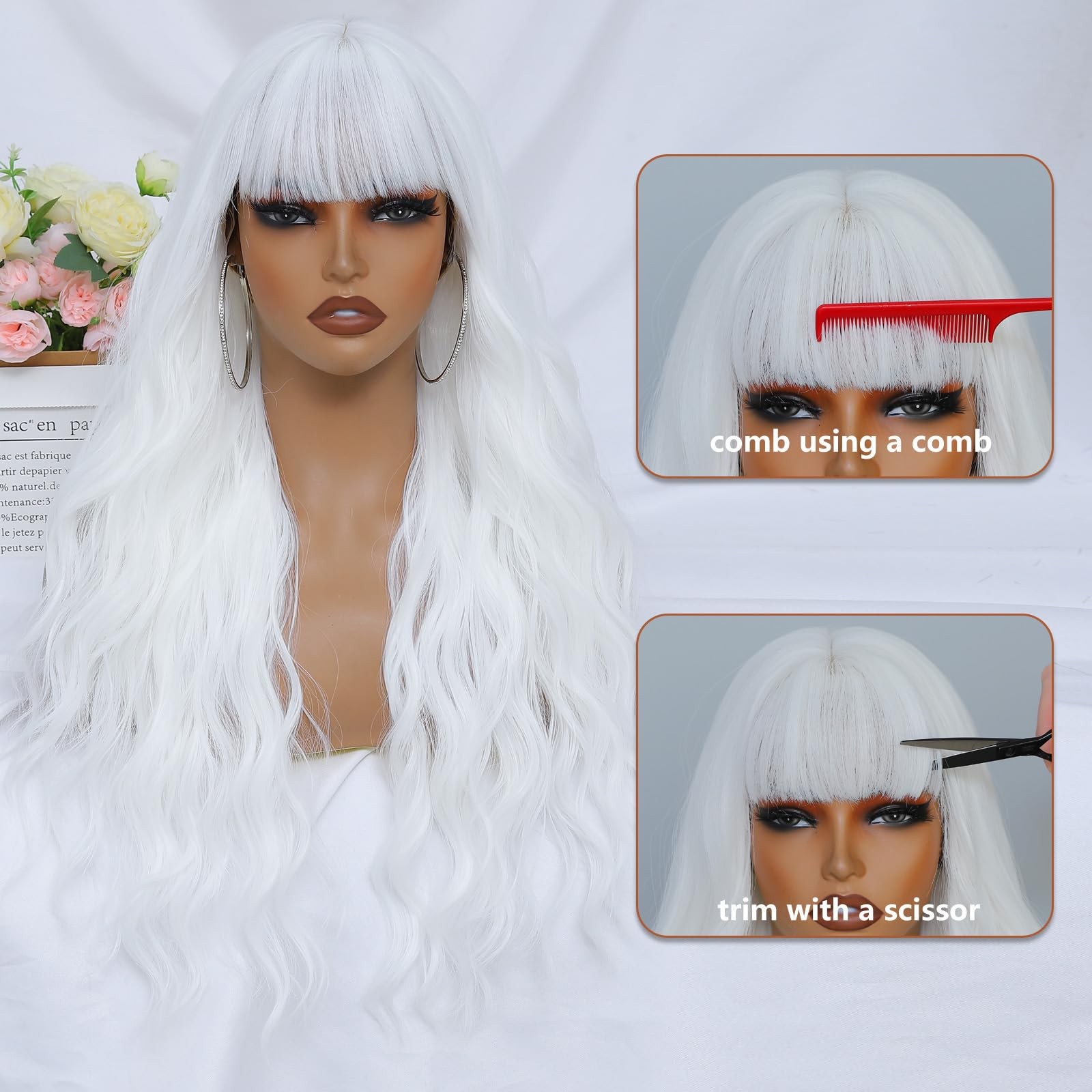White Wig with Bangs for Women 26 Inch Long Wavy White Wigs Synthetic Heat Re…