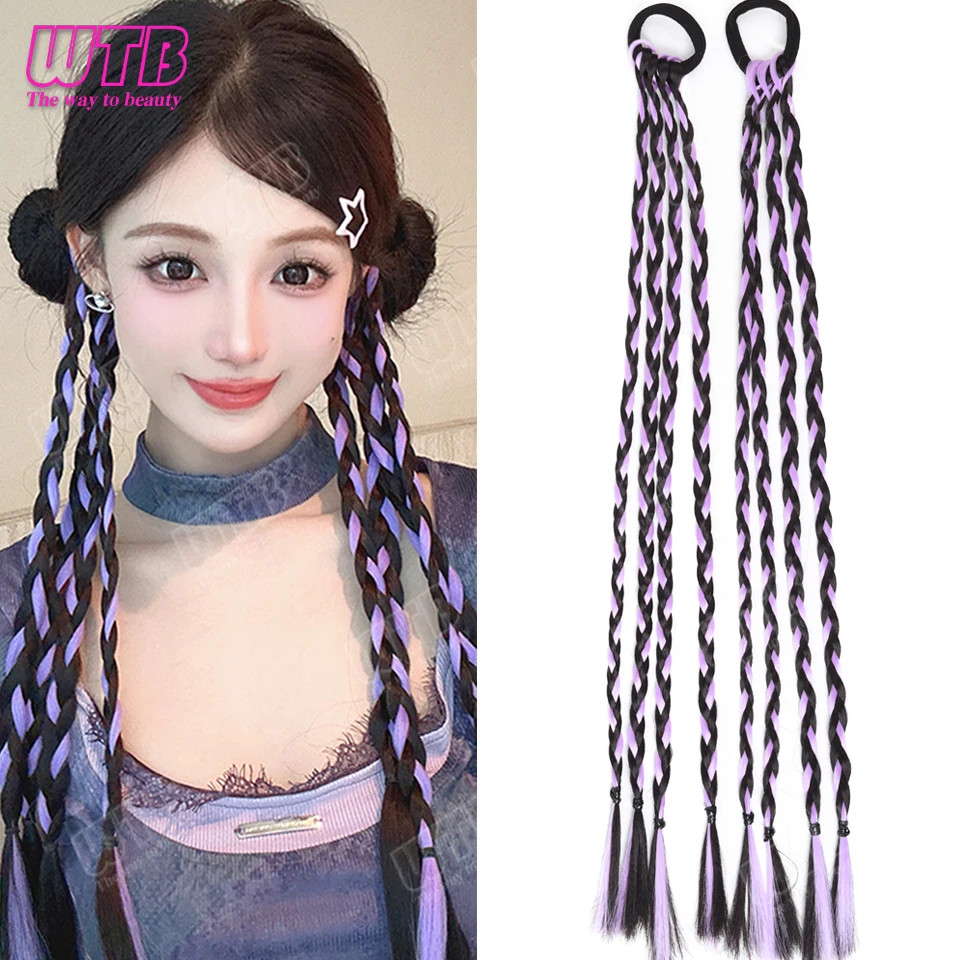2PCS Elastic Band Braided Wigs Highlighted Synthetic Hairpieces For Women Daily