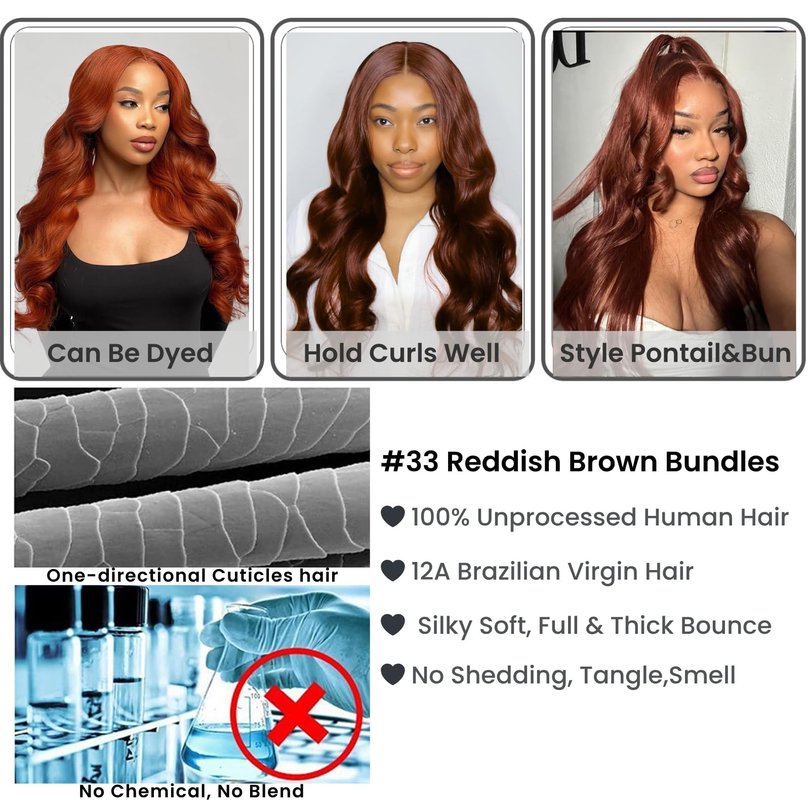 Alher 33 Reddish Brown Body Wave 4X4 Lace Closure 12A Copper Brown Colored 4X4