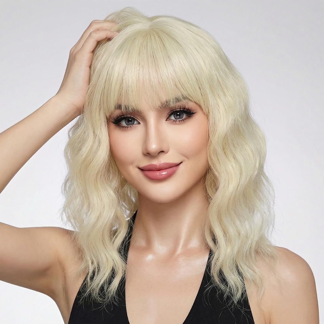 Pastel Brown Wavy Bob Wig Women, Short Shoulder Length Synthetic Wig with Bangs