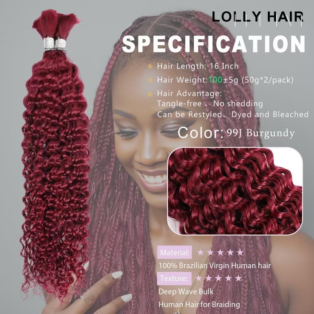 Ubinica Burgundy Deep Wave Braiding Human Hair 2 Bundles Total 100G 22 Inch