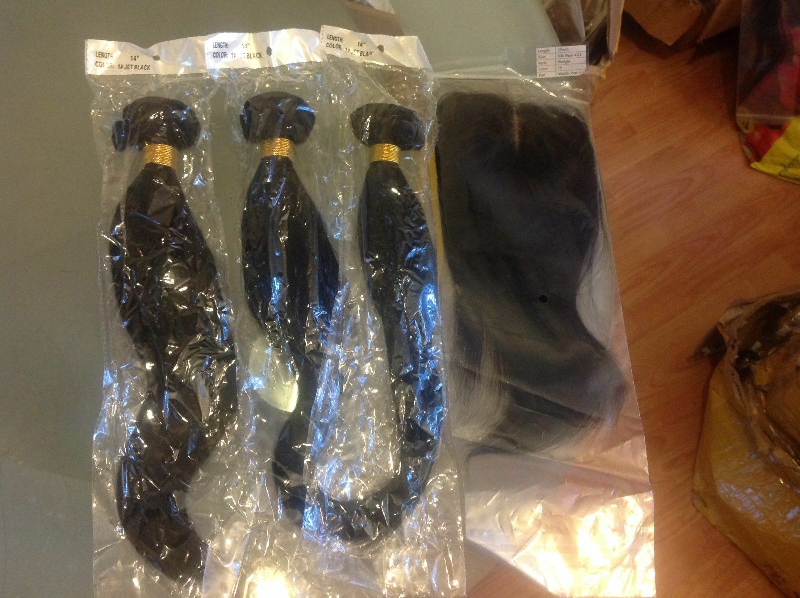 12AA BRAZILIAN VIRGIN HAIR JET BLACK 14+14+14&14 SILK BASE CLOSURE 4X4 STRAIGHT