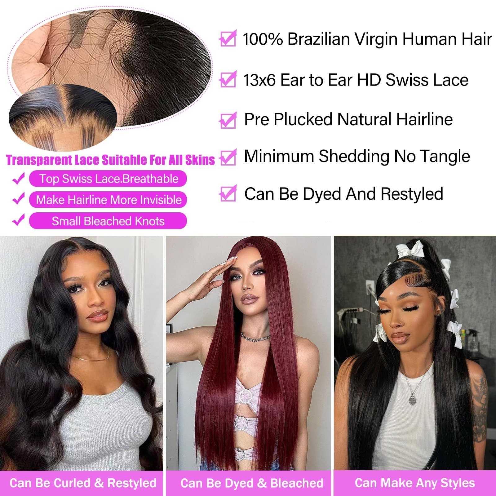 32″ 13×6 Lace Front Wig, 100% Human Hair, Pre-Plucked, Straight, HD Lace, Gluele