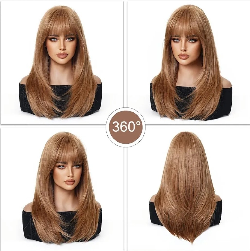 Wig – Human Hair Blend – Straight Layered Strawberry Blond Bangs Heat Ok