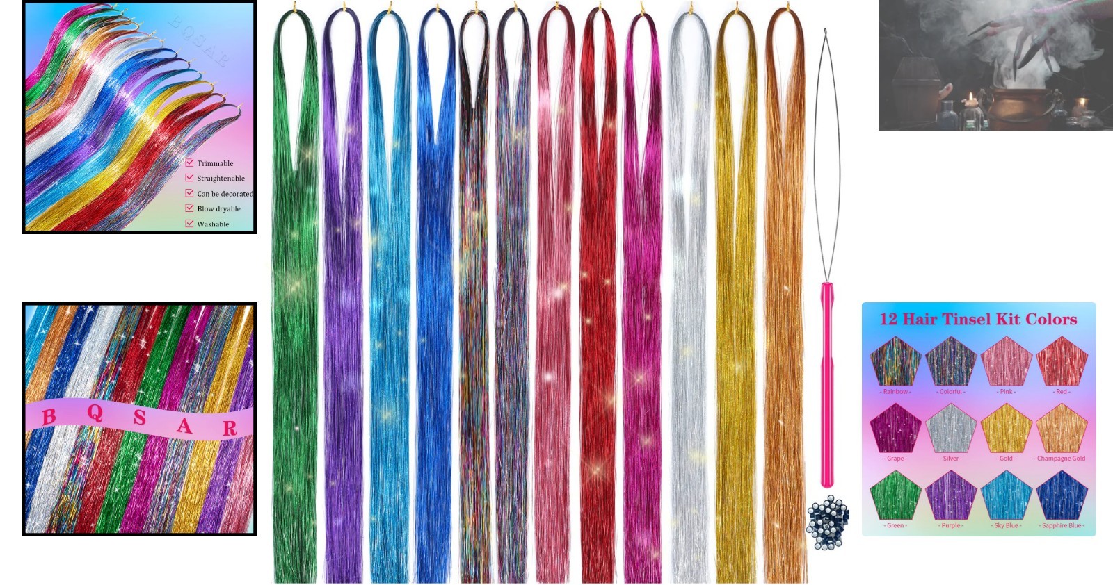 Glamorous 12-Color Hair Tinsel Kit – 47-Inch Sparkling Strands for Elegance