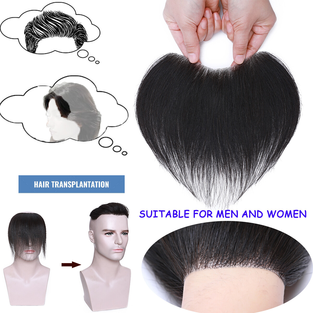 Mens Toupee Human Hair Replacement System V-loop Super Thin PU Skin Hairpiece US