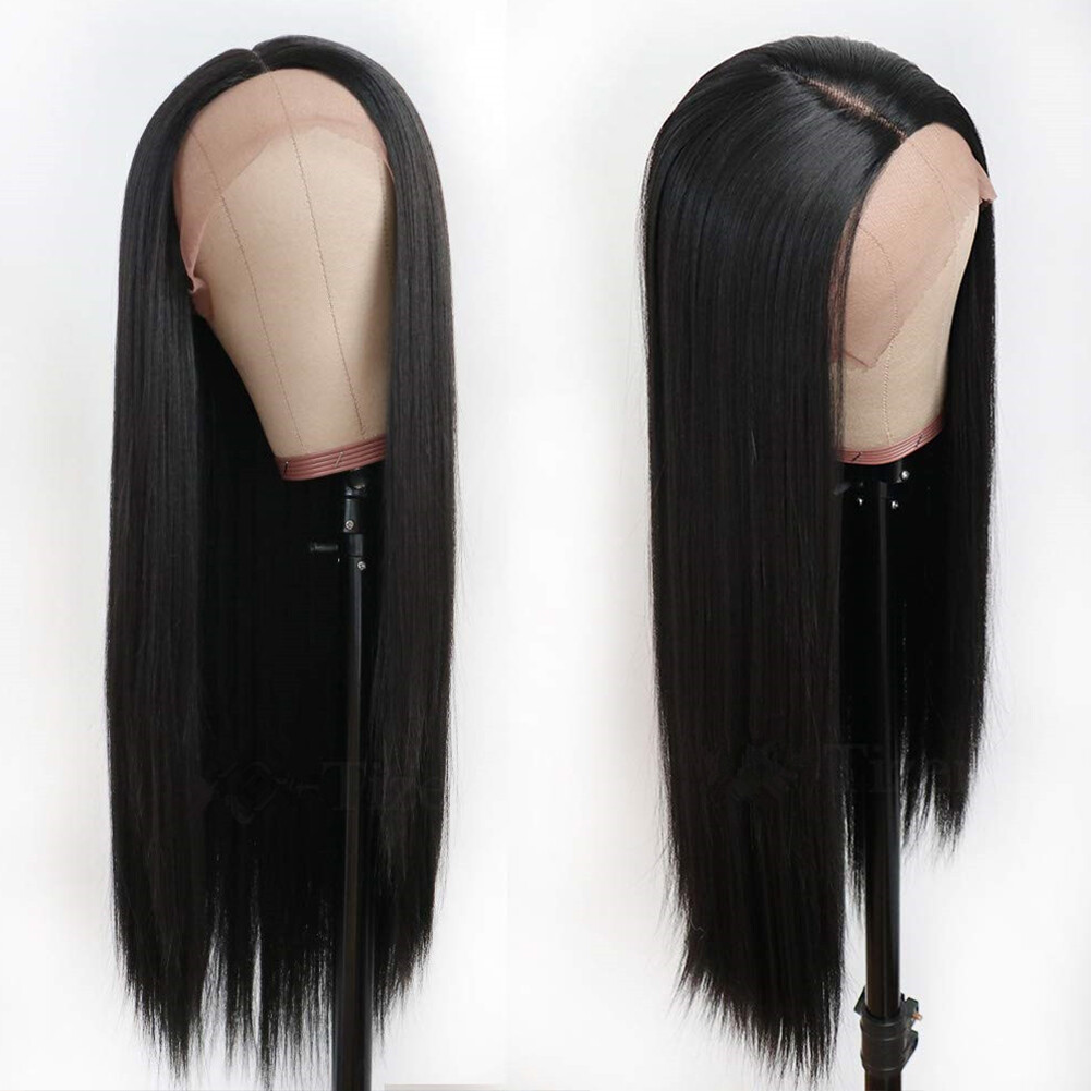 Heat Resistant Synthetic Lace Front Wigs Long Black Straight Glueless Soft Hair