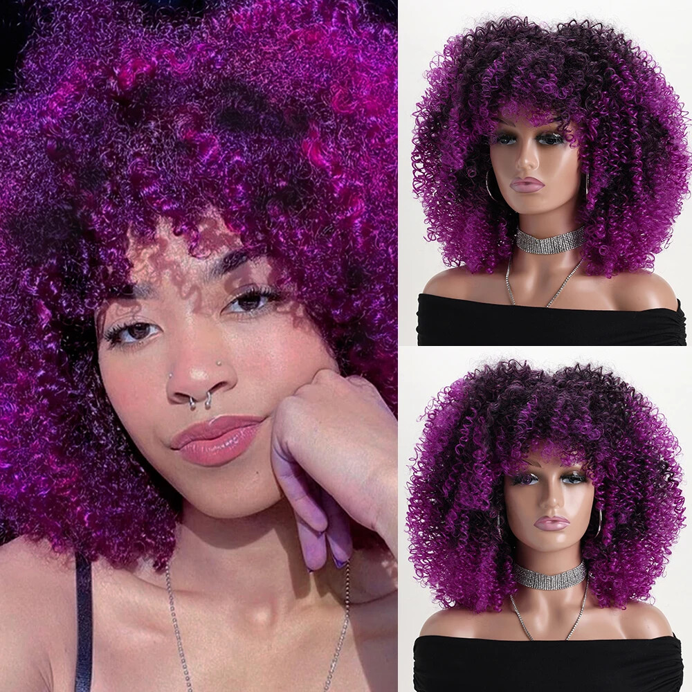 Afro Kinky Curly Wig 16 Inch Synthetic Hair with Bangs for Daily Wear