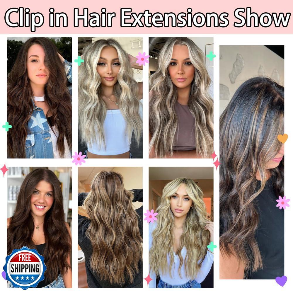Clip in Hair Extensions for Women, 6PCS Clip Ins Long Wavy Curly Dark Brown H