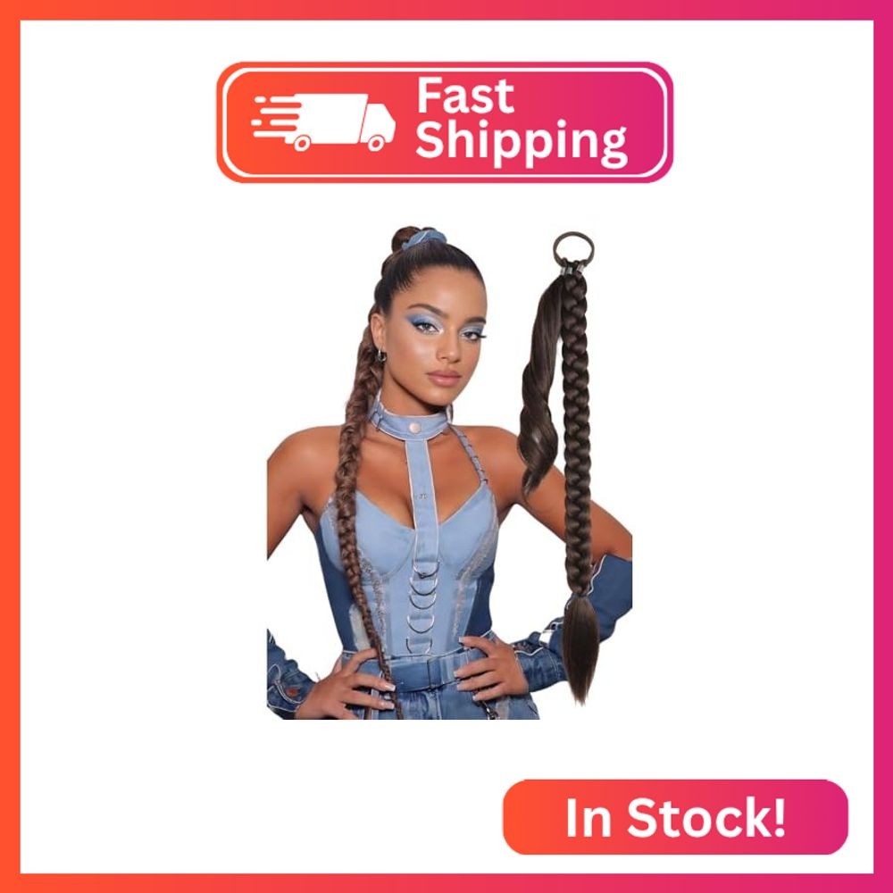 TASHEEMA Braided Ponytail Extension with Hair Tie, 1 Pack 32 inch Brown Ponytail