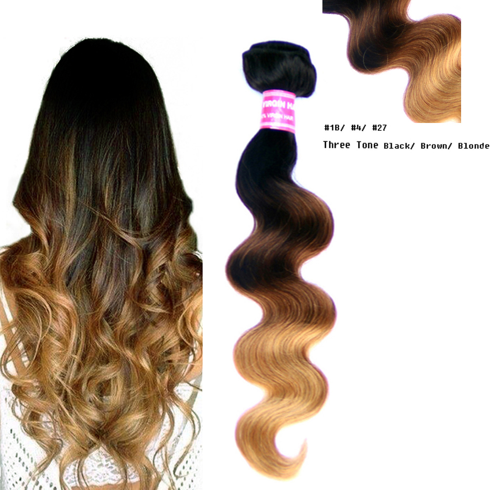 Brazilian Virgin Body Wave Wavy Sew In Bundle Ombre 1B/4/27 Black/Brown/Blonde
