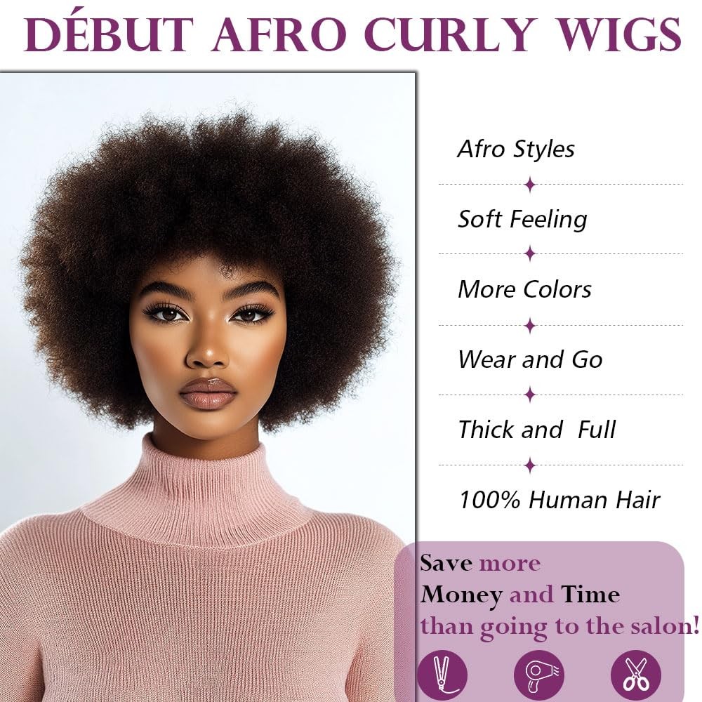 Début Dbut Afro Curl Fluffy Wigs Human Hair 70S Afro Curly Big Hair Wig For
