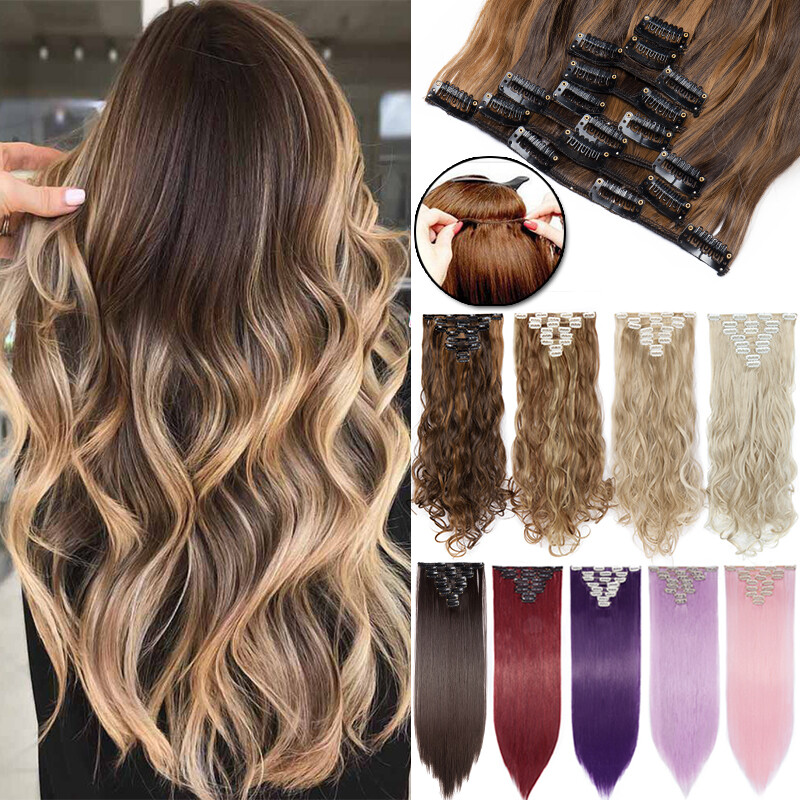 8PCS Full Head Thick Clip In Hair Extensions Ombre Real Natural Long As Human