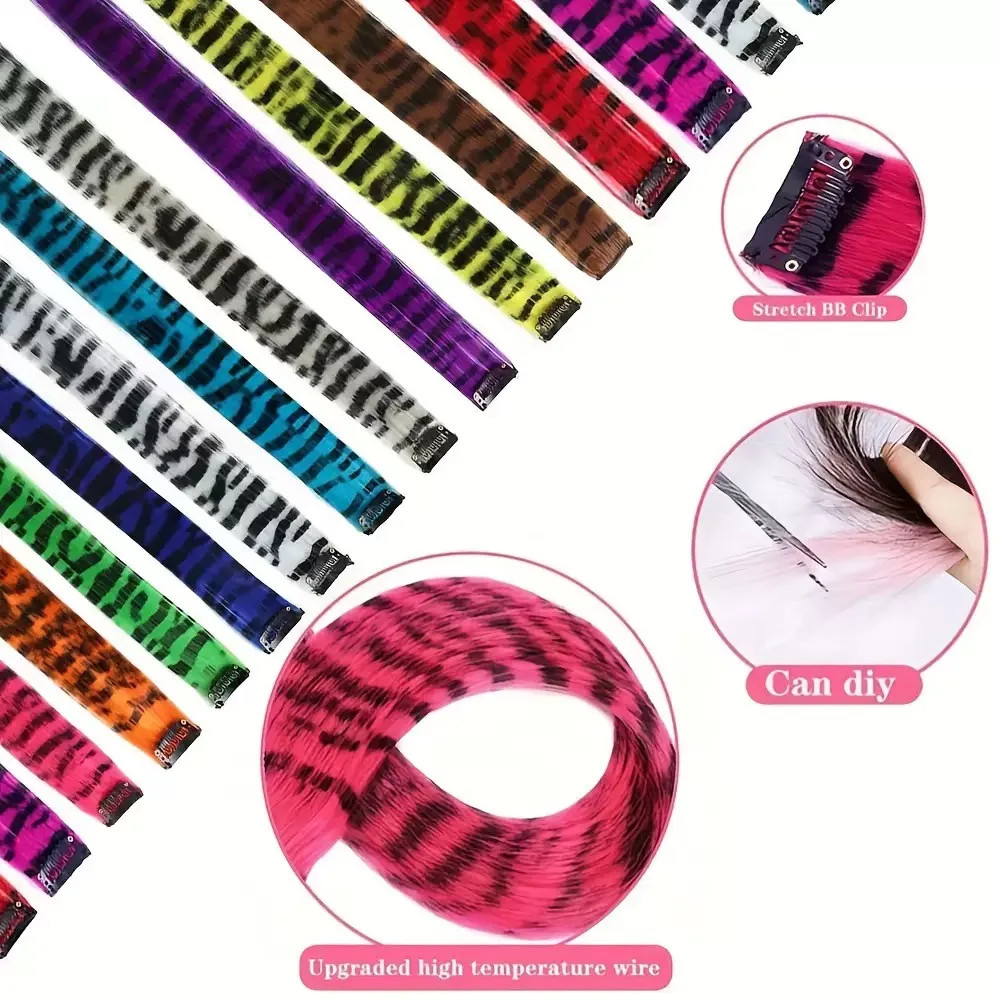 Colorful Stripe Synthetic Long Straight Clip In Hair Extensions For Daily Party