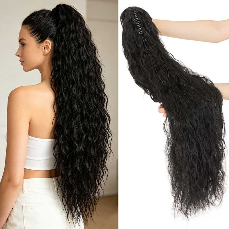 Real Fluffy Corn Wave Ponytail Claw Clip in Hair Extensions as Human Pony Tail