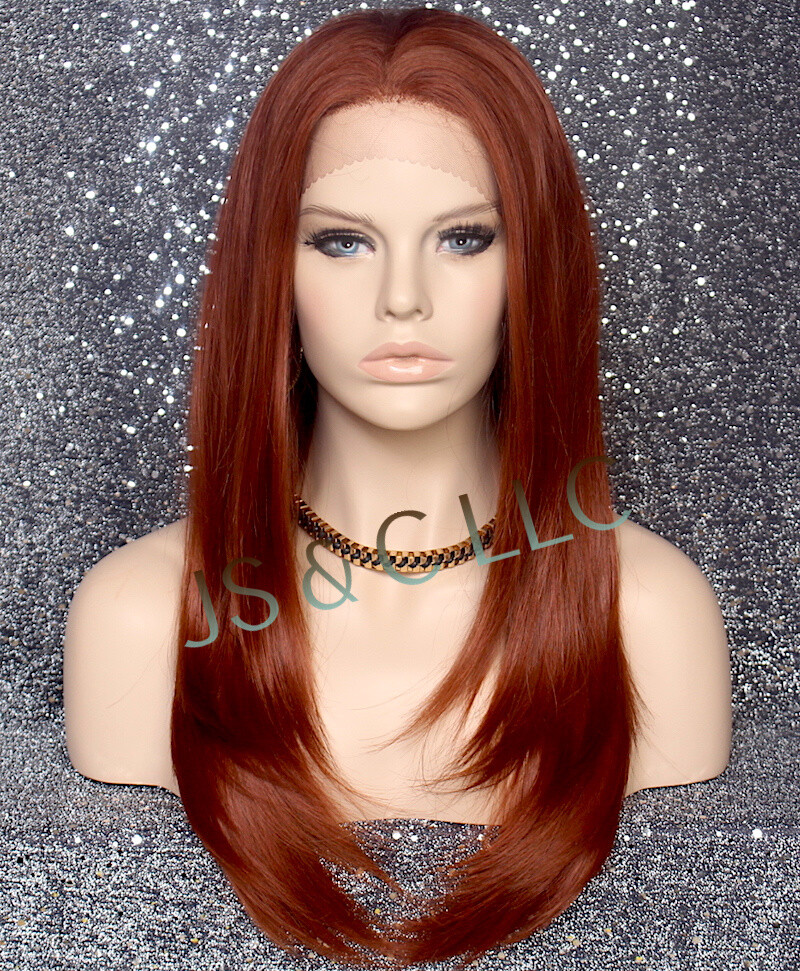 Long Straight Human Hair Blend Mono Top Lace Front Wig Brownish red 130 WBDL
