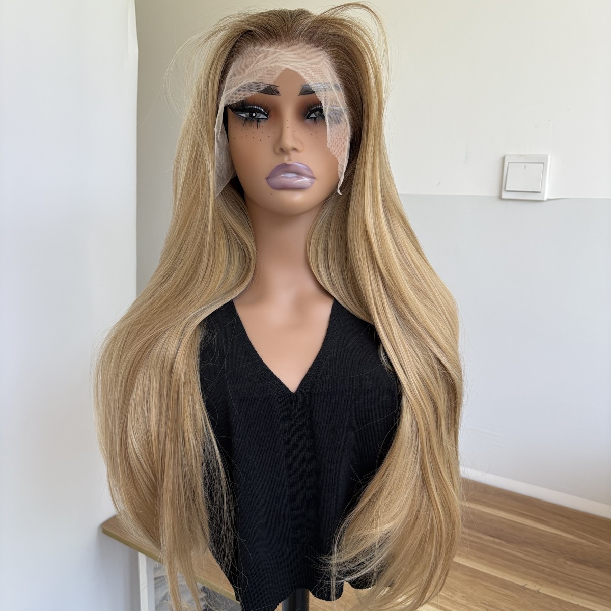 Long Straight Glue Less Lace Front Wig Natural Ash Blonde Synthetic Hair sOFT