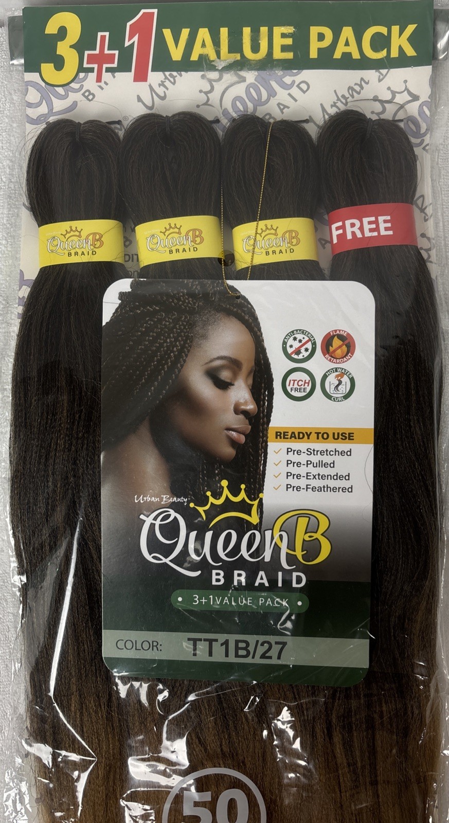 URBAN BEAUTY Queen B 3 + 1 VALUE PACK PRE-STRETCHED BRAIDING HAIR 50″ TT1B/27