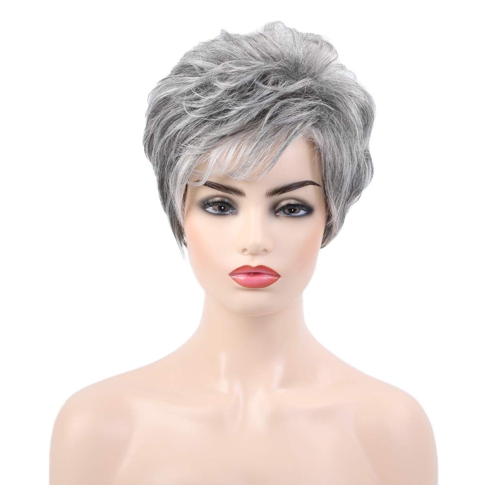 Short Grey Human Hair Wigs for Women Blend Pixie Cut Wig With Bang,Natural Da…