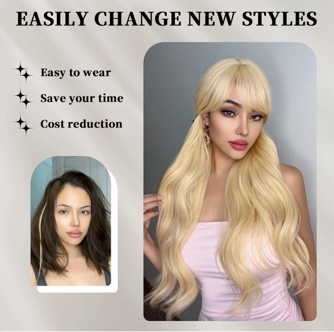 Blonde Wig with Bangs, Heat Resistant Synthetic Wigs 23 Inches