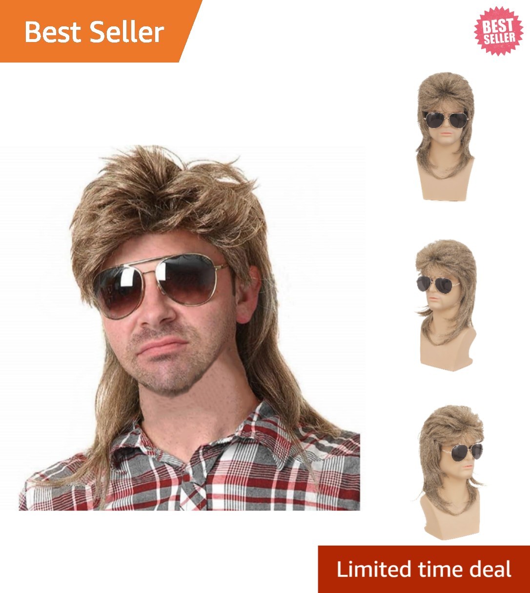 Men’s Light Brown Mullet Wig – Retro 70s/80s Curly Disco Cosplay Costume