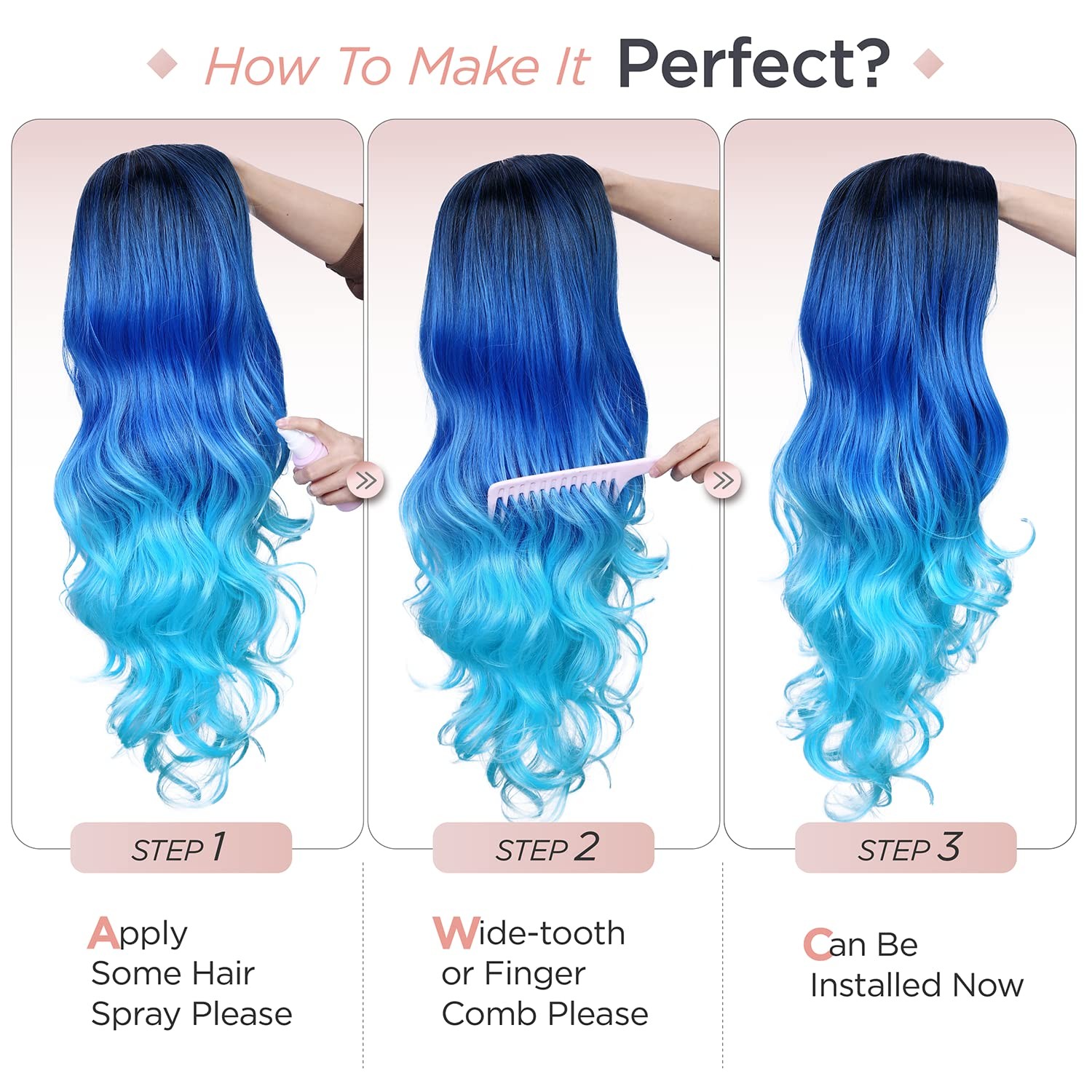 Long Blue Wavy Wigs for Women Ombre Blue Body Wave Mermaid Hair Wigs Long Cur…