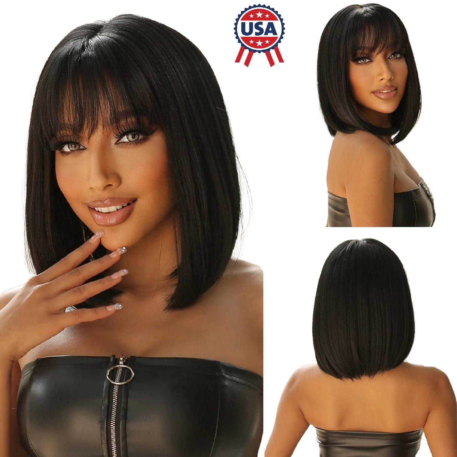 Women’s Full Bangs Black Straight Wigs Bob Natural Hair Full Wig 15″ Rose Net US