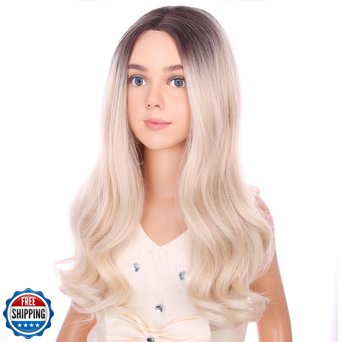 PATTNIUM Long Blonde Wigs for Kids Child Long Curly Wavy Ombre Blonde Wig Mid