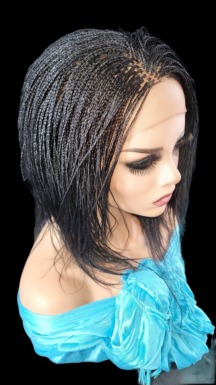 Braided Wig Micro Braids Bob Jet Black Full Lace Glueless Handmade 10″short