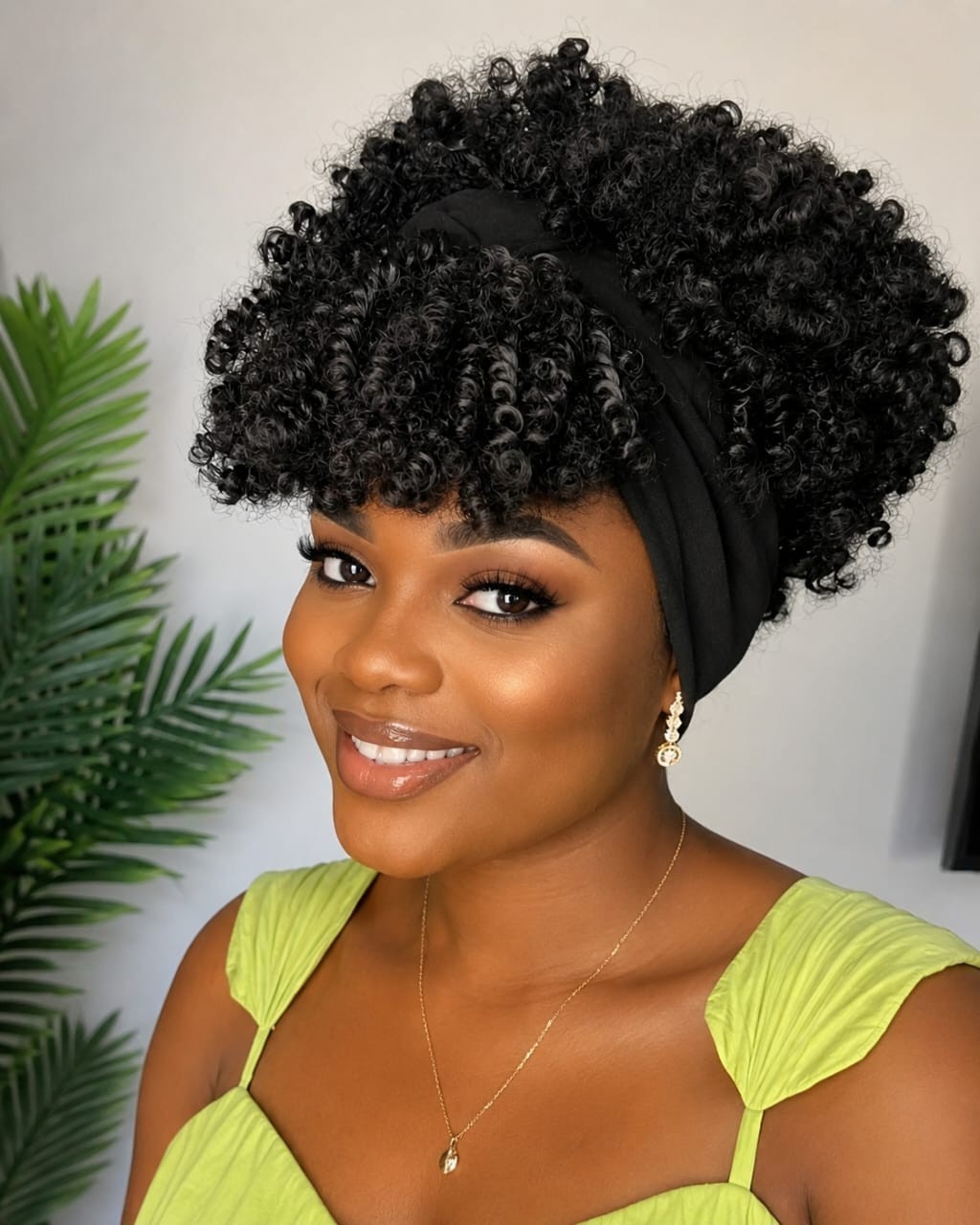 Women’s 6-Inch Short Kinky Coil Headband Wig, Natural Black Synthetic Wig