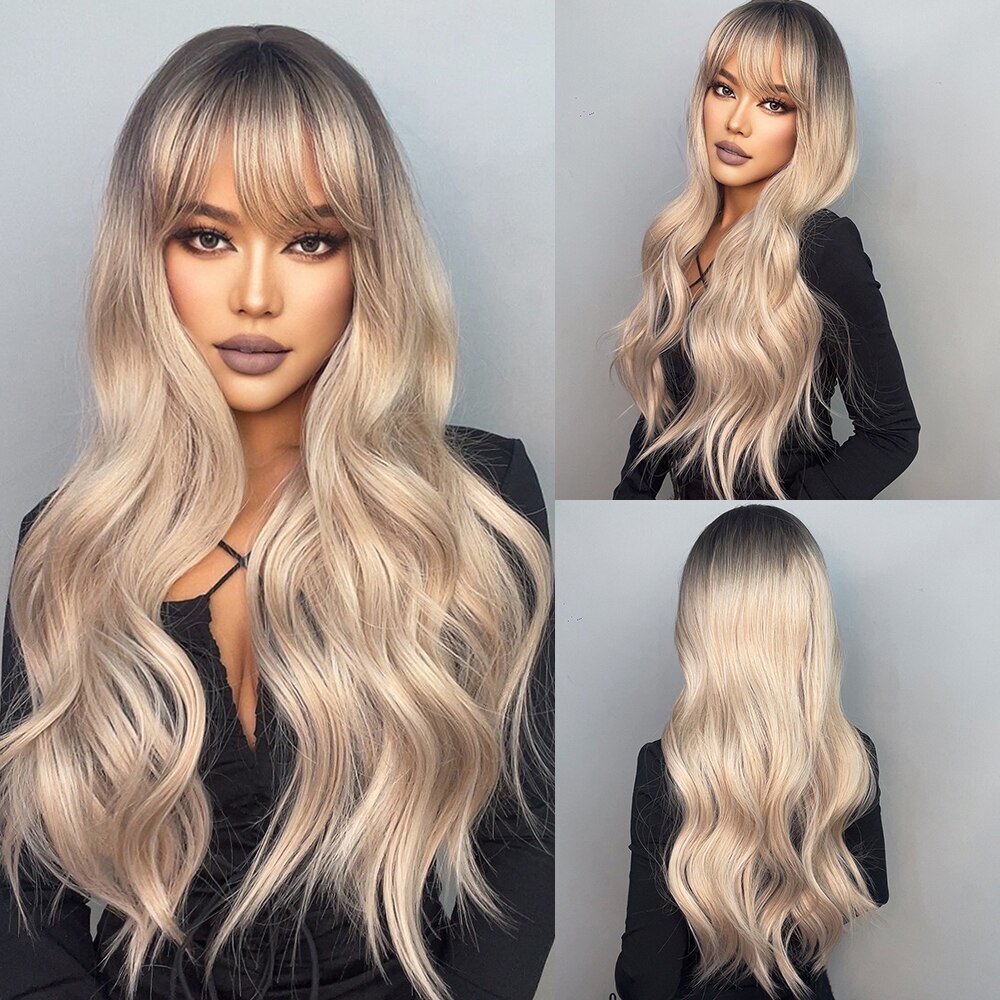 Synthetic Long Wavy Wig Ombre Platinum Brown Blonde White Wig Heat Resistant