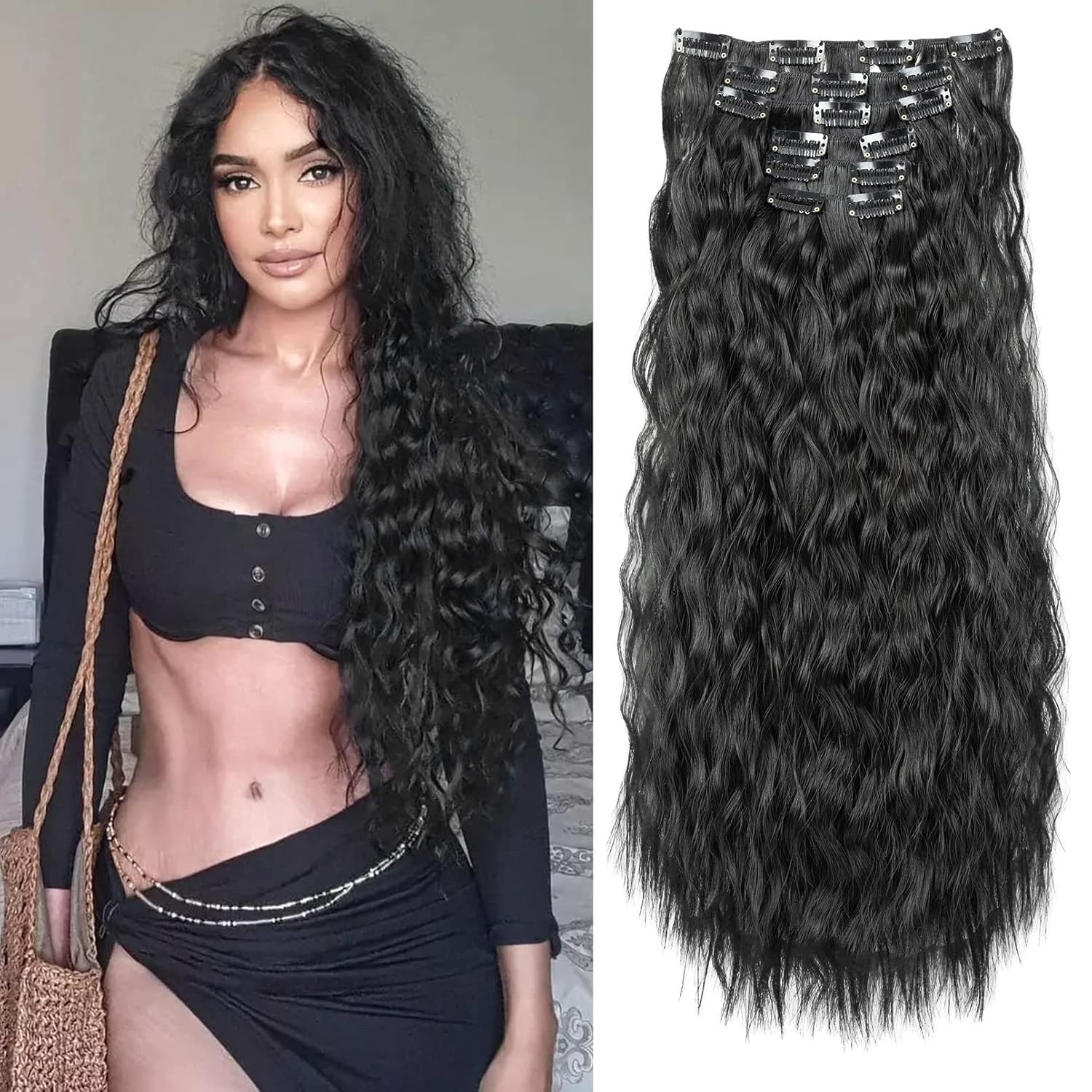 Flufymooz Clip In Hair Extensions,6PCS Hair Extensions Long Mermaid Waves Wavy