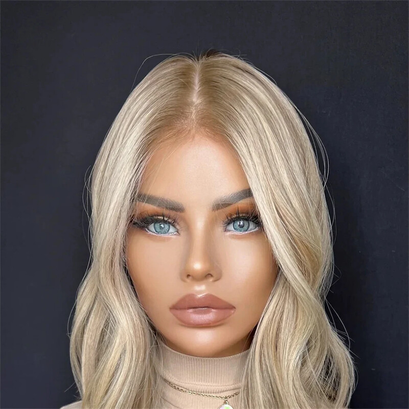 Ash Brown with White Blonde Highlight Human Hair Lace Front Wigs 21inch cap size